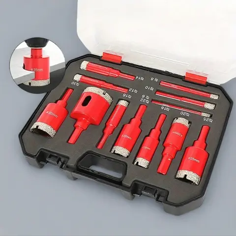 12-Piece Diamond Welding Red Dry Drill Bit Set, Drill Bits Kit, Diamond Drilling Bits for Efficient and Convenient Drilling, Suitable for Granite, Marble, Full-Size Glass Tiles and Ceramics
