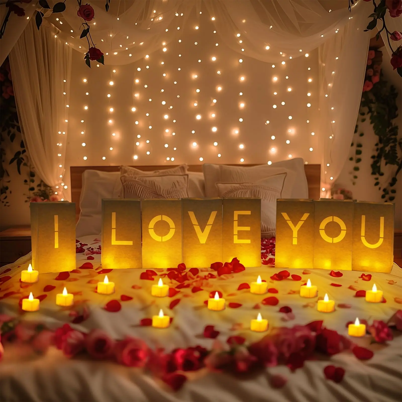 "I Love You" Light-Up Letters Kit with Flameless Candles, Synthetic Fake Rose Petals, Luminary Bags - Classic LED Signs, Romance Home Decor Ornaments, Party Lighting for Valentine's Day Special Nights