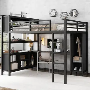 Queen Loft Bed with Wardrobe And L-shaped Desk, Heavy-Duty Metal Loft Bed Frame with Storage Cubes and Shelves, Noise Free, for Teens Adults, Black
