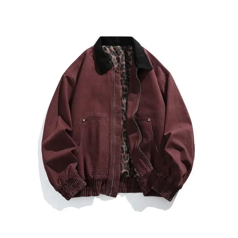 Men's Vintage Pure Cotton Jacket Collared Outerwear Leopard Print Detroit Denim Jacket Spring and Autumn Leather Bomber Jacket