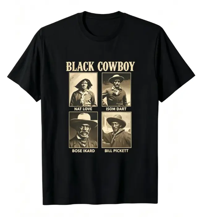 Vintage Black Western Cowboy Historical Portrait Retro Graphic Short Sleeve T-Shirt, Unisex Country History Casual Tops, 100% Pure Cotton Printed Craft Summervibes Tee, Soft Breathable Relaxed Fit everyday outfits