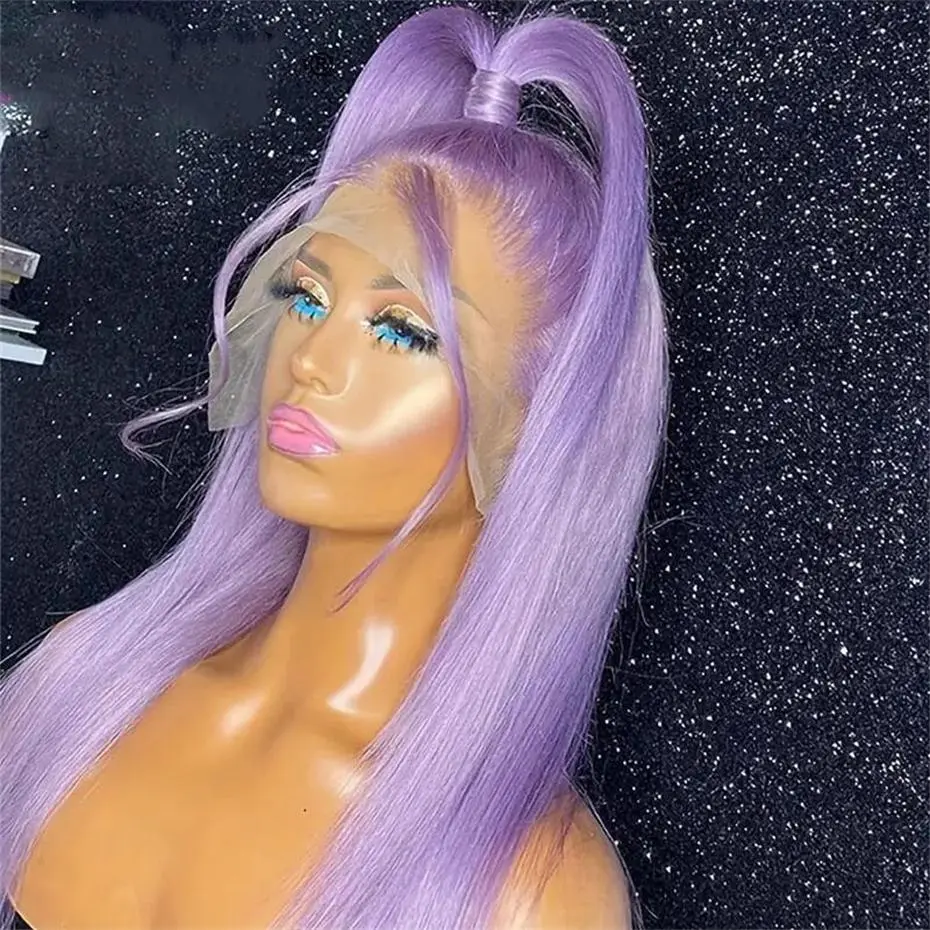 13x6 Purple Lace Front Human Hair Wig Brazilian Light Purple Lace Frontal Wig Pre Plucked Long Straight Lavender Color Lace Wigs