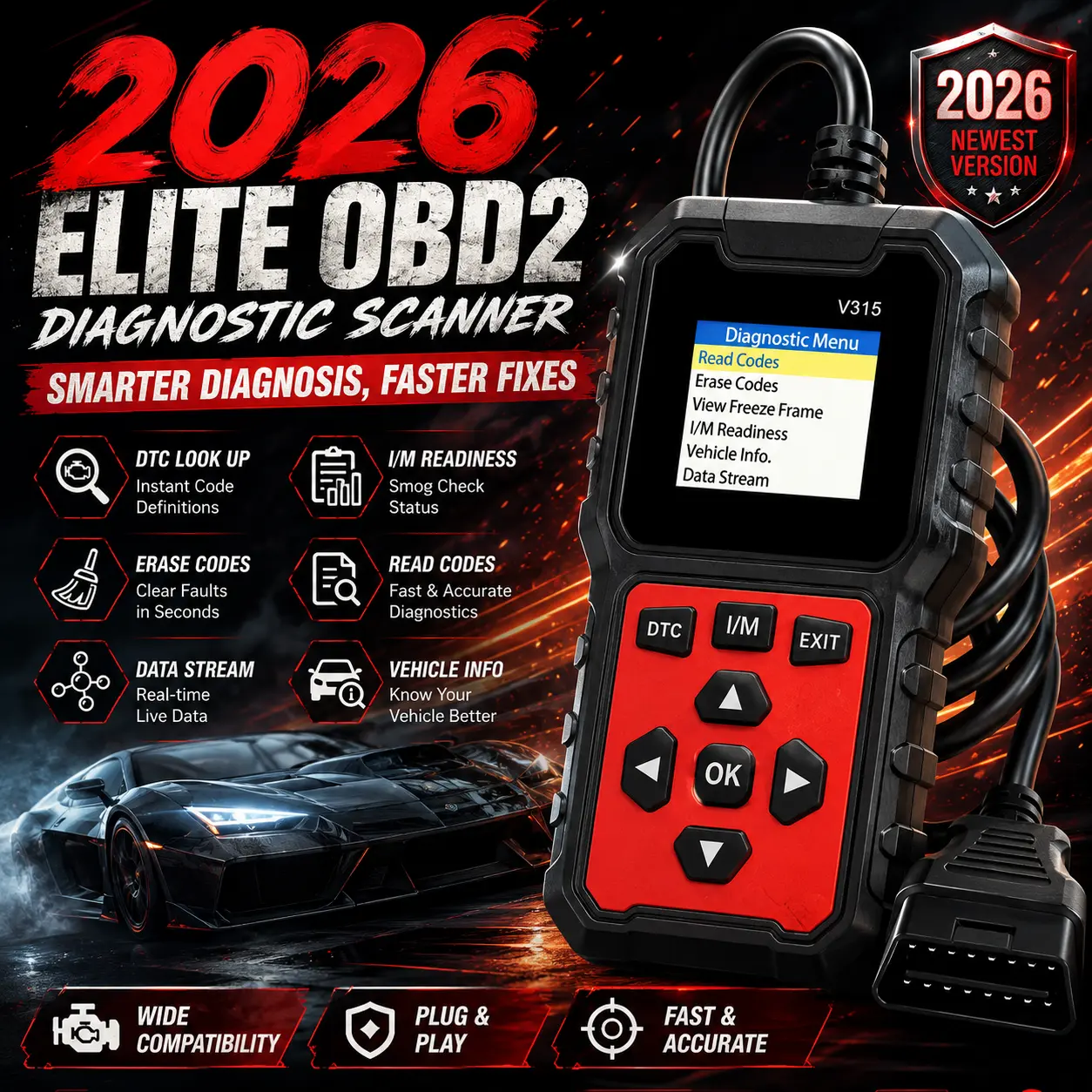 V315 OBD2 Car Diagnostic Scanner Tool - OBDII Protocol Car Engine Fault Code Reader, Voltage Tester, Charging Tester
