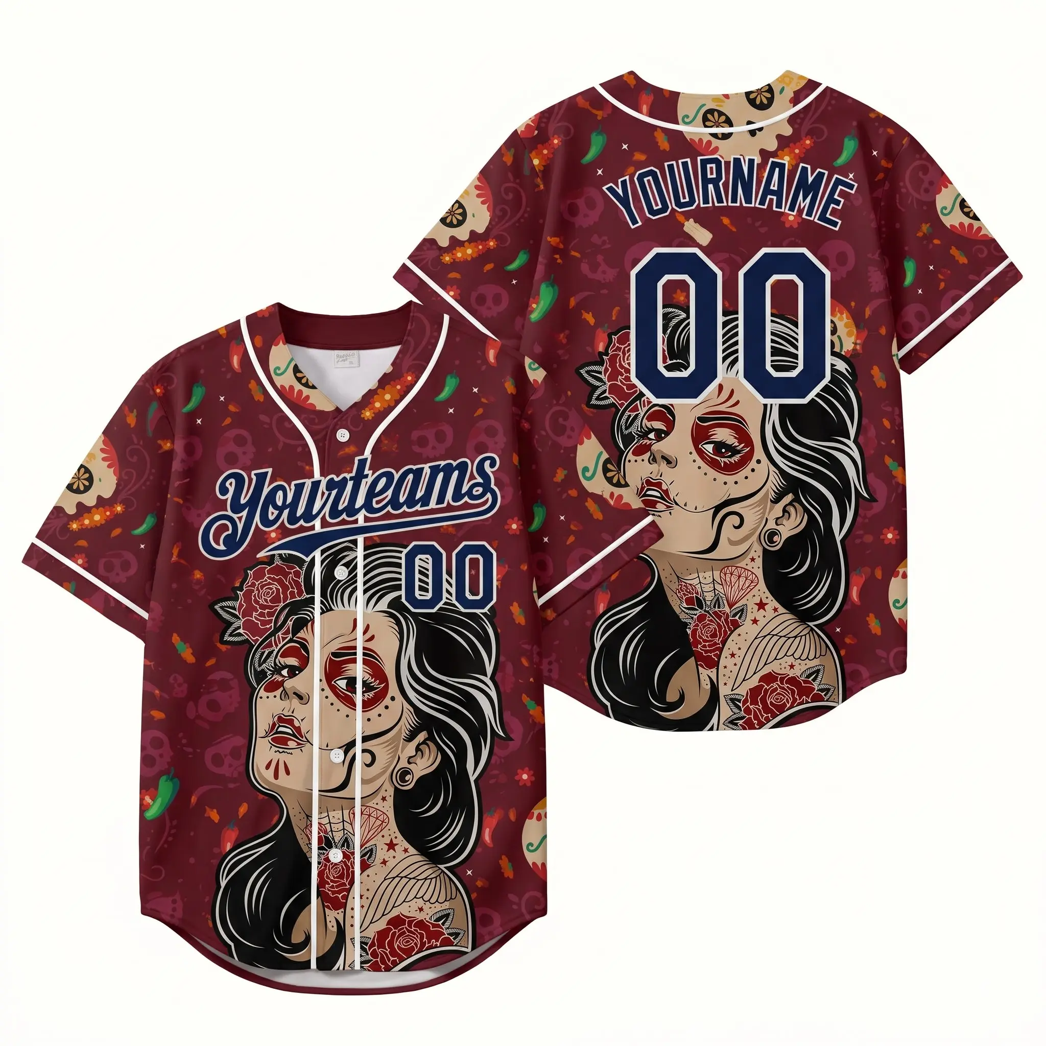 Men's Custom La Catrina Tattoo Baseball Jersey - Personalized Maroon Chicana Sugar Skull Streetwear Short Sleeve Button Up Shirt, All Over Print Relaxed Cut Top