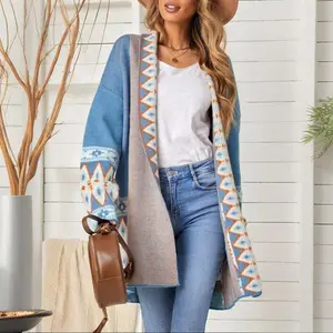 Women's Ethnic Style Open Front Knitted Cardigan for Autumn and Winter Knitwear Tops with Colorful Tribal Pattern Long Sleeve Casual Womenswear Geometric Bridal