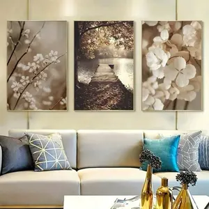 3 Pieces Optional Wooden Frame Sea Lake Bridge Canvas Painting Autumn Landscape Beach Poster Beige Leaf Reed Wall Art Print Nordic Wall Picture Home Decor Autumn Decor Decor Mural Modern Home Decor