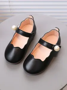 Girls' Princess Style Mary Jane Flats Leather Shoes with Pearl Decoration, Magic Tape Closure, Soft Sole Comfort, Daily Wear & Party Essentials