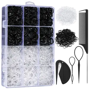 2200 Pcs Elastic Hair Bands with Hair Loop Styling Tool Set, Clear Mini Hair Bands and Black Elastic Hair Ties with Rubber Band Cutter Organizer Box Hair Accessories for Toddler Baby Girl Women,Summer Gifts