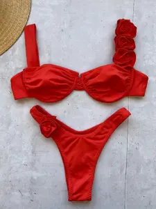 Two-Piece Set Women's Flower Decor Ruched Bikinis Set, Solid Color Underwire Bra & High Cut Panty, Ladies Summer Swimwear for Beach Holiday Vacation Ruched Bikini Bottoms