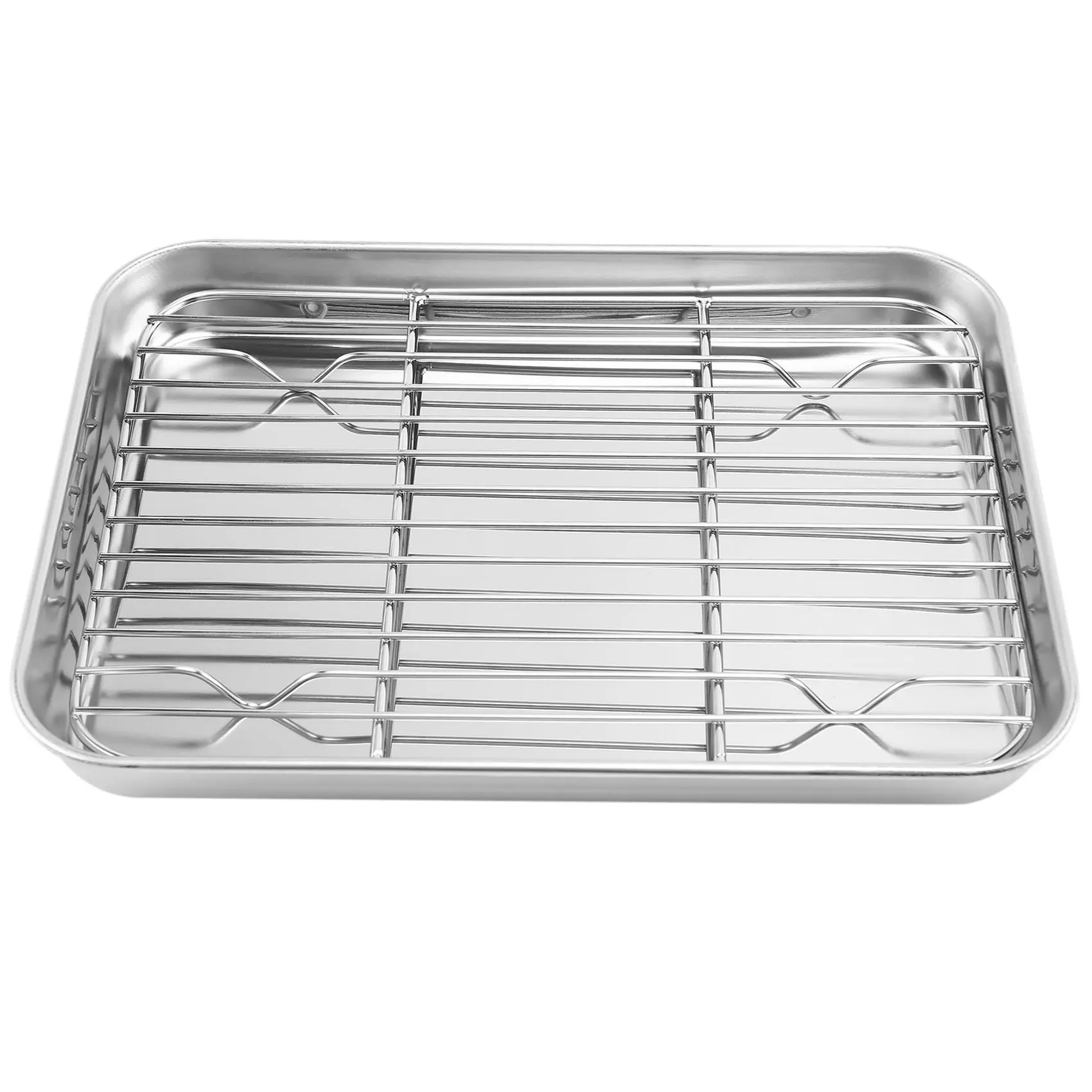 9-Inch Stainless Steel Toaster Oven Bakeware Set, Rectangular Oven Trays, Metal Grid Racks, Dishwasher-Safe Baking Supplies, Heat Resistant Bakeware