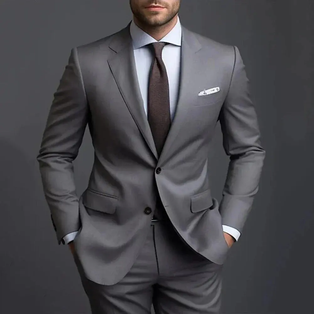 Grey Slim Fit Men's Suit, 2-Piece Notched Lapel Blazer & Pants Set - Longsleeves Formal Wear and Business Attire Clothes for Events, Fit Men's Suits, Workwear, Male Suit Set For Events