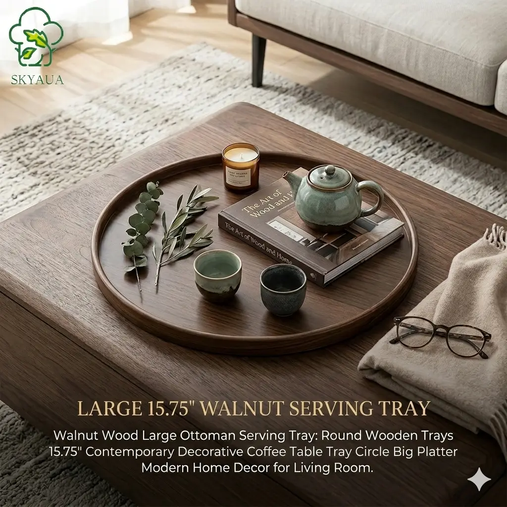 Walnut Wood Large Ottoman Serving Tray: Round Wooden Trays 15.75" Contemporary Decorative Coffee Table Tray Circle Big Platter Modern Home Decor for Living Room Rustic Brown Faux Charger Plates