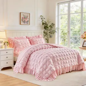 Blush  Plaid Seersucker Comforter Set with Ruffled Fringe  Size, 3 count Soft  Farmhouse Bedding Set for  Season, Elegant Bed Set with Ruffle Shams (Blush , )