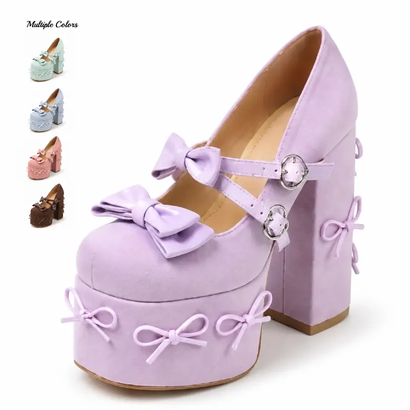 Custom Made Kawaii Bow Suede Platform Mary Jane Block Heels Wide Foot Friendly Multiple Pastel Colors Ideal For Lolita Coquette Y2K Tea Parties Weddings Daily Looks And Cosplay Women's Buckle Shoes