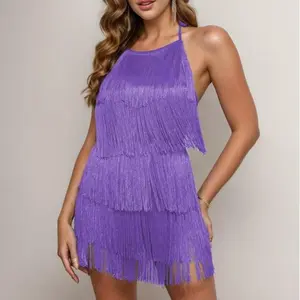 CHENGDEFA Women's Tiered Layer Tassel Trim Backless Halter Romper, Summer Clothes Women, Fashion Sleeveless Onesies, Back To School Dress, Women's Clothes for Beach Party Vacation, Jumpsuits for Women, Valentine's Day Gift, Birthday Dress for Women