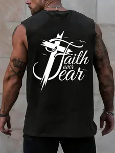 Faith Over Fear Christian Tank Top for Men | Cross Graphic Inspirational Design Muscle Gym Shirt | Sleeveless Breathable Workout Top | Inspirational Religious Apparel for Bodybuilders & Christians