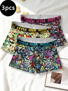 3-Pack Men's Graffiti Music Print Briefs, Vibrant Street Art Design, Daily Wear Breathable Anti-Roll Shorts, Comfortable Casual Underwear