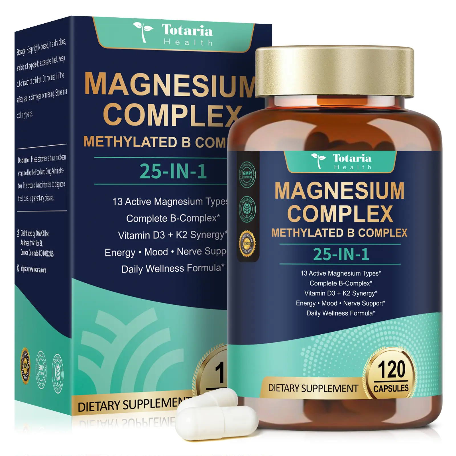 Totaria 25-in-1 Magnesium Complex with Methylated B Complex Magnesium Glycinate Citrate Malate Taurate Gluconate Aspartate Carbonate D3 K2, Magnesium Supplement for Relaxation Energy & Nerve, 120 Vegan Caps