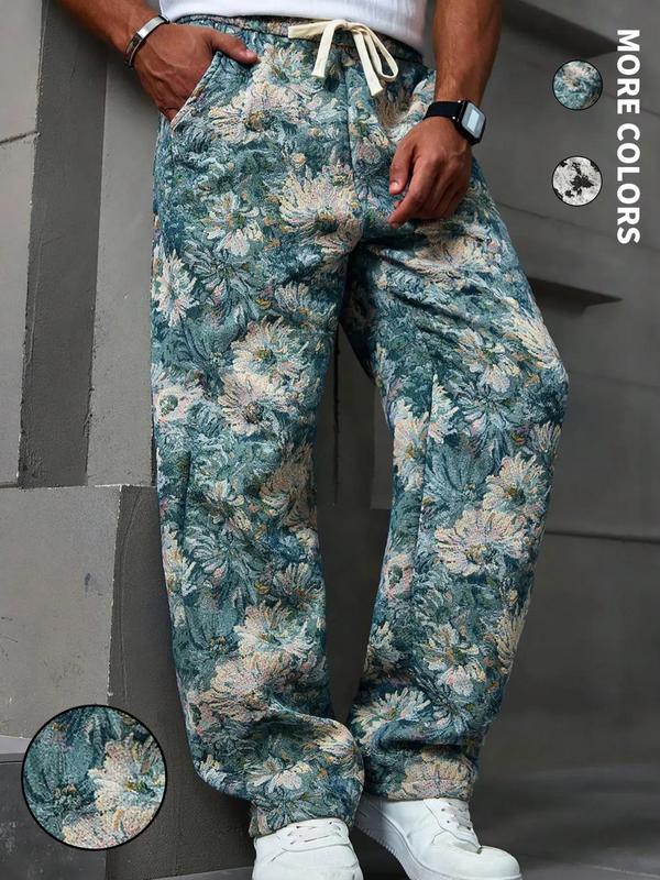Men's Floral Print Drawstring Waist Straight Leg Pants, Casual Comfy Pocket Trousers for Daily Wear, Pants for Men, Fashion Men's Bottoms for All Seasons