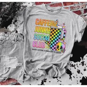 Caffeine Junkie Social Club Bleached Shirt -  Comfy Unisex Jersey Shirt - Bleached Graphic Tee Design, Random Bleaching, True-to-Size Fit, 35% Cotton 65% Poly - Fabric