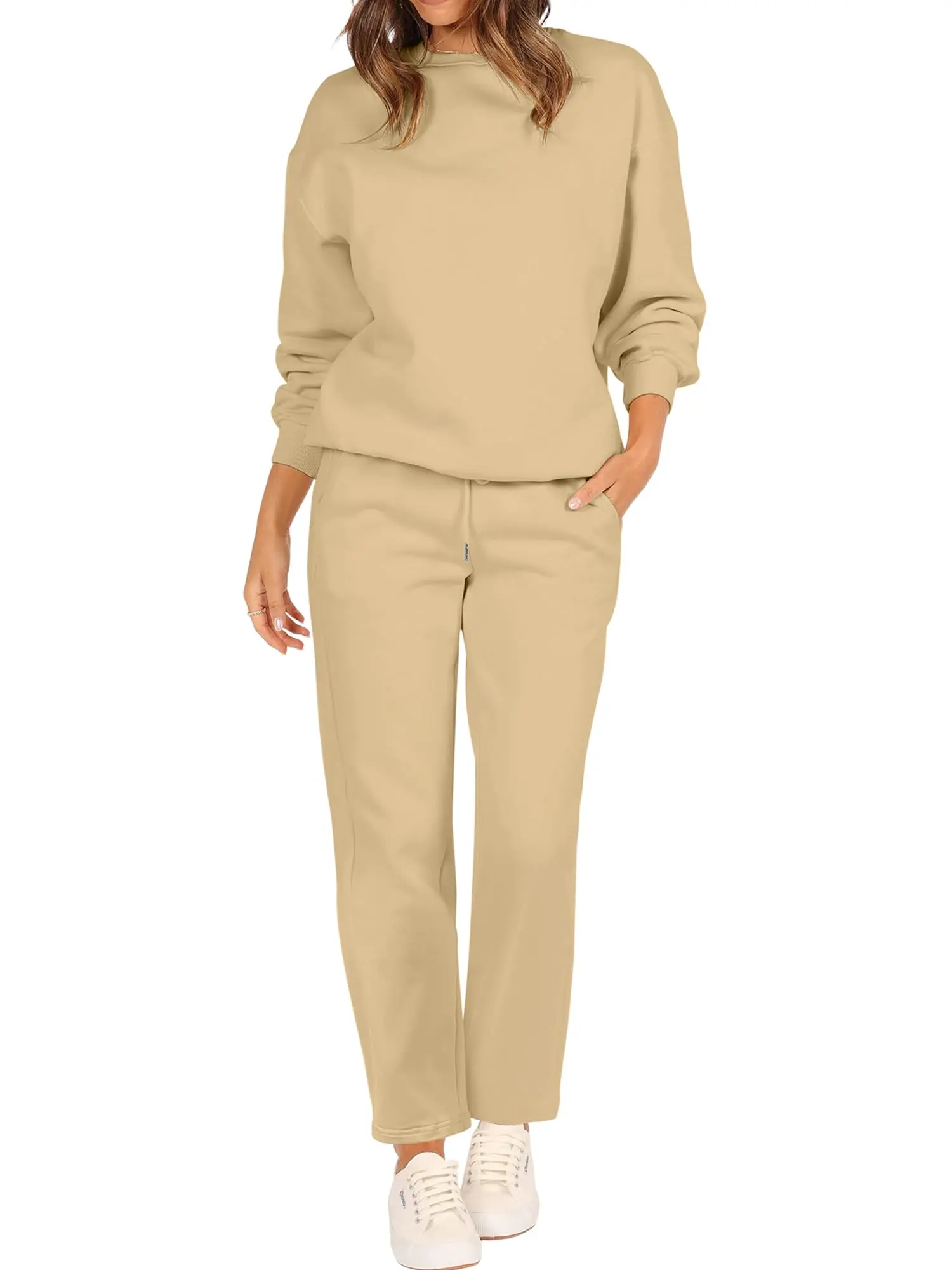FUPHINE Women's 2 Piece Outfit Long Sleeve Pullover Tops and Wide Leg Pants Tracksuit Lounge Sets Grey Fall Winter Sweatpants 2024