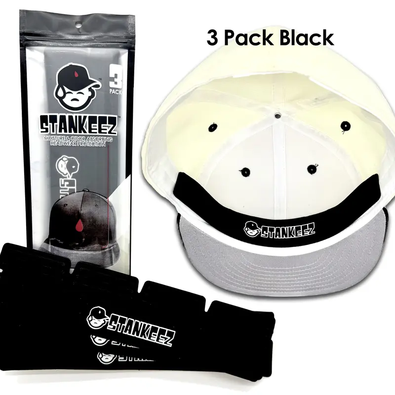 3 Pack Black Stankeez Hat Liners. Patented hat protector that is REUSABLE, HAND-WASHABLE AND INTERCHANGEABLE.