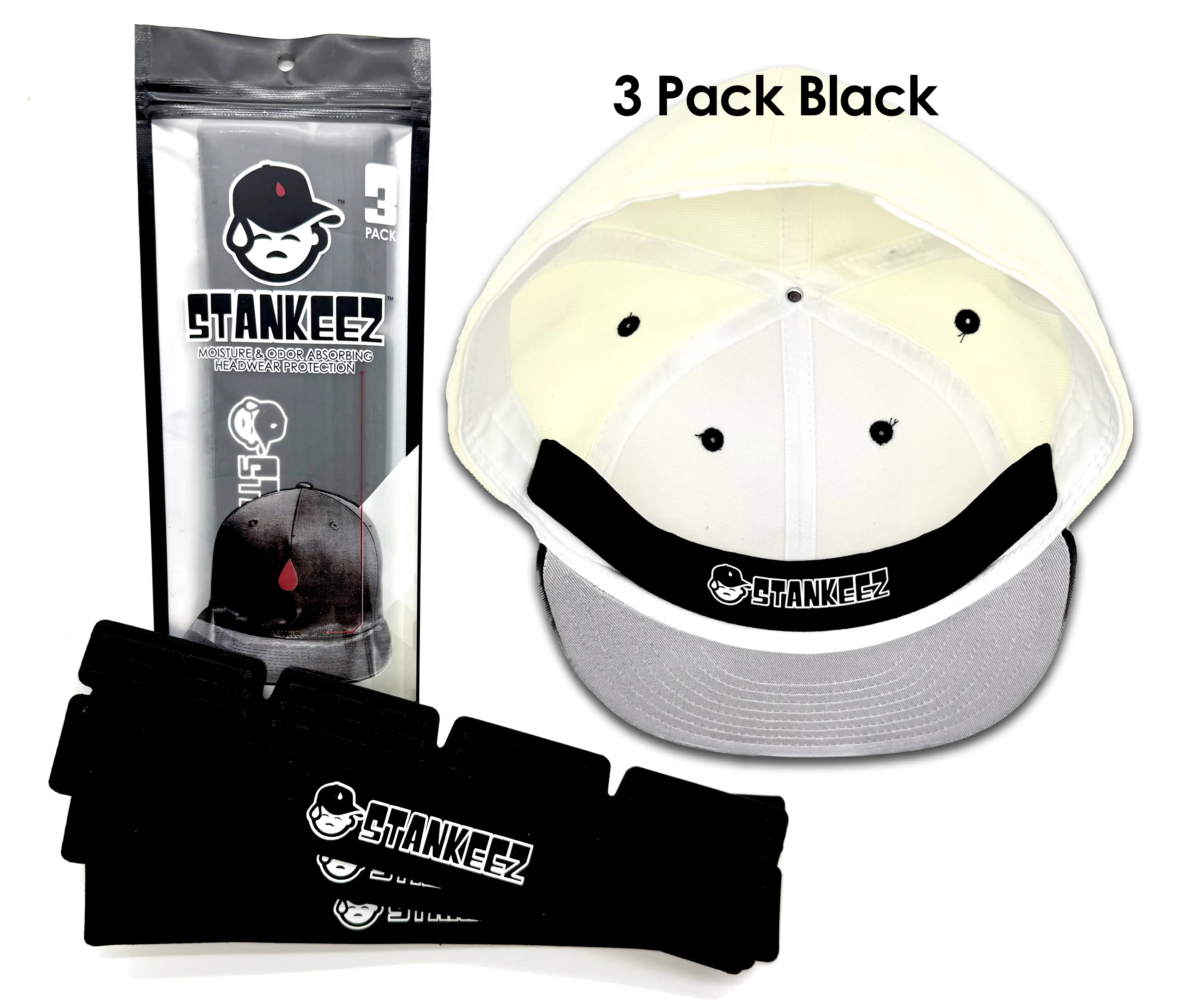 3 Pack Black Stankeez Hat Liners. Patented hat protector that is REUSABLE, HAND-...