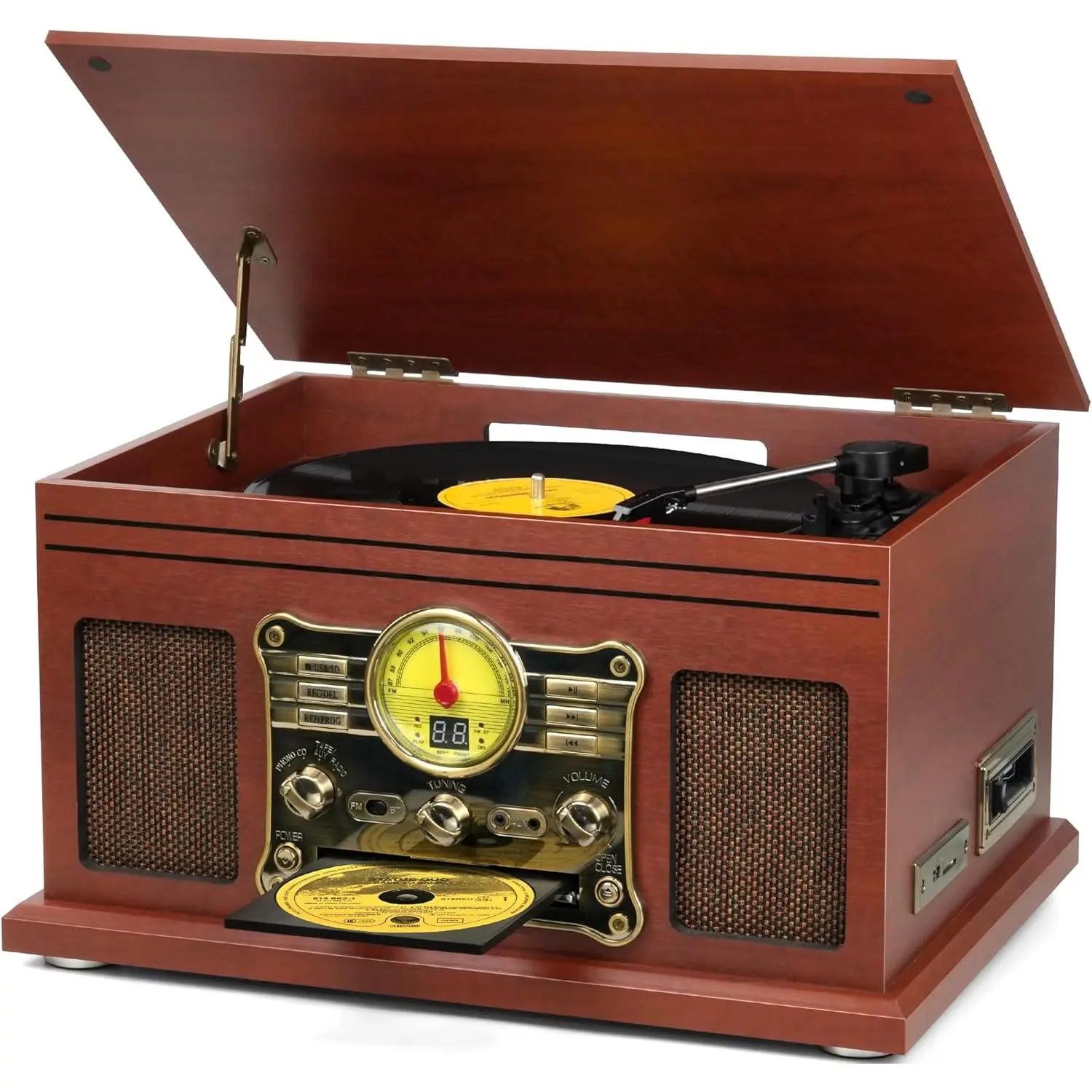 10-in-1 Mahogany Turntable, 3-Speed Vinyl Record Player with Speakers, LP to MP3 Converter, CD/Cassette Player, FM Radio & Streaming for Bedroom, Living Room, Office, Vinyl Records, Mp3 Recording