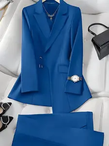 Two-piece women's blue single-breasted Fitted Chic Elegant Long Sleeve Business Suit Set with a slightly open hem and a curved arc, high-waisted straight-leg pants, suitable spring, suitable for daily commuting, going to work, and party photos.
