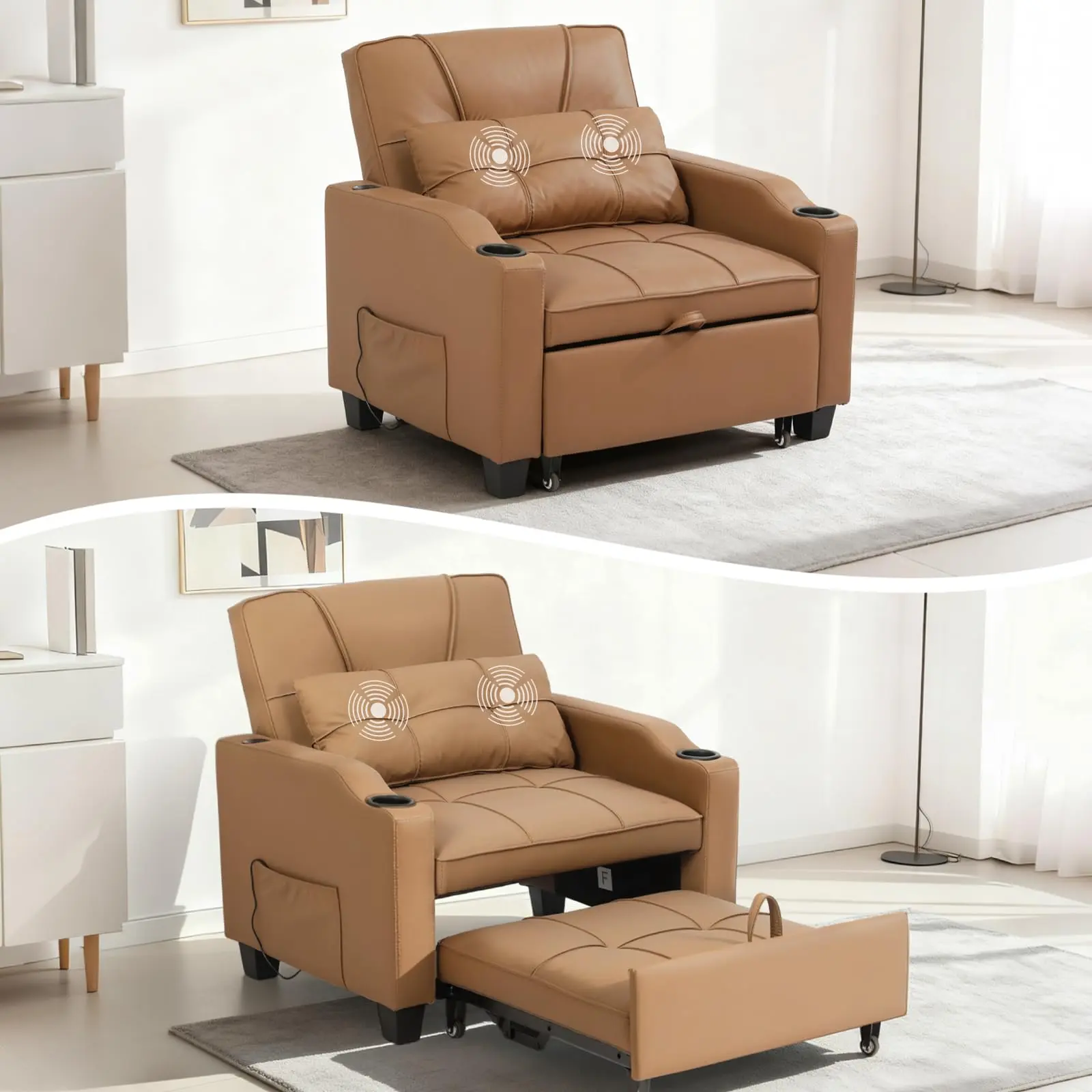 Garvee Leather-Like Convertible 4-in-1 Sofa Chair Pull Out Bed - Modern Furniture for Compact Spaces with Vibration Massage Pillow, USB/Type-C Ports, Cup Holders, Side Pocket