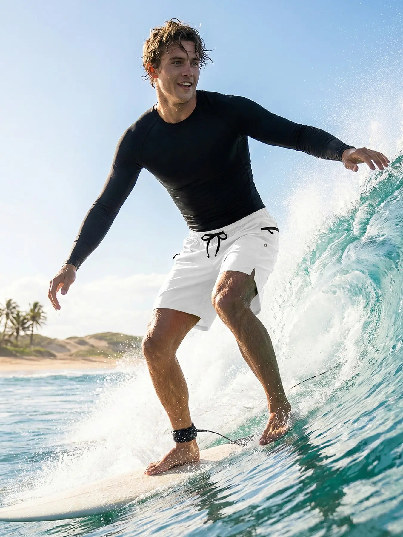 Men's Beach Casual Sporty Surfing Clothing Set, Breathable Sportswear, Quick-Dry Breathable Long Sleeve Rash Guard Round Neck Compression T-Shirt, Drawstring Elastic Waist Board Shorts with Zipper Side Pockets and Mesh Lining, Athletic Outfits