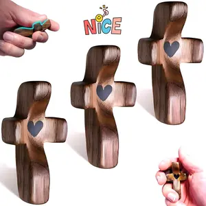 2026 Easter Basket Essential 3Pcs Handheld Wooden Encouragement Cross New Stress Relief Comfort Cross Religious Gifts Carved Walnut Tung Oil Finish Prayer Tool for Christianity Devotion & ADHD Focus Natural Wood Grain Unique Design Religious Ornaments