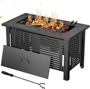 AECOJOY Fire Pit Table, 43 Inch Wood Burning BBQ Grill Fires, Metal Fireplaces with Waterproof Cover, 3 in 1 Fire Pits for Outside Party Barbecue Camping Picnic on Deck Backyard Garden, Black outdoor fire