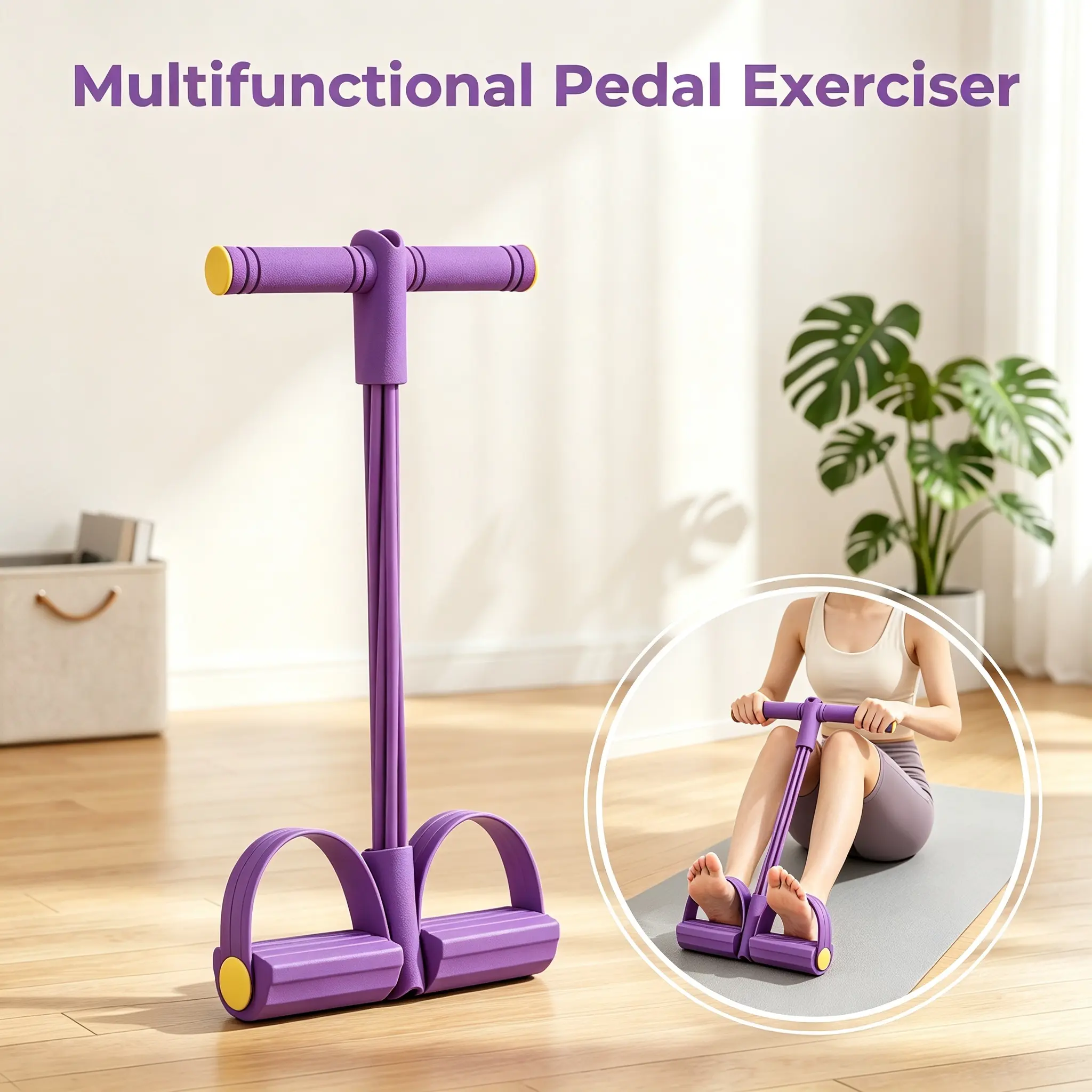 Purple Yoga Pedal Pull Resistance Trainer - Portable Fitness Tool with Non-Slip Pedals, Foam Hand Grips, Latex Tube, Thick Bands for Home Workouts, Body Toning, Portable Tool