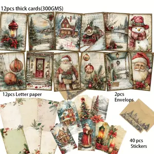 74pcs Postcard set (12 Cards+12 Letter Paper+2 envelopes+40 Sealing Stikers) Christmas Themed with Santa and Snowman Patterns Postcard Suitble for Xmas Holidy Decor Flags, DIY Craft, Album Decor