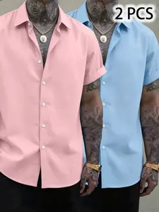 Men's Cool Feeling Short Sleeve Shirts, 2-Pack Loose Fit Collared Tops, Breathable Anti-Wrinkle, Casual Office Wear, Casual Stylish Menswear, Lightweight Business, Menswear