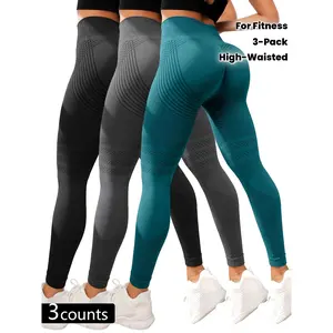 3-Pack Women's High-Waisted Sports Leggings, Butt-Lifting Striped Yoga Pants, Stretch Knit Fabric, 90% Polyamide 10% Elastane, Suitable for Fitness and Running, All-Season Leggings, 280 g/m²