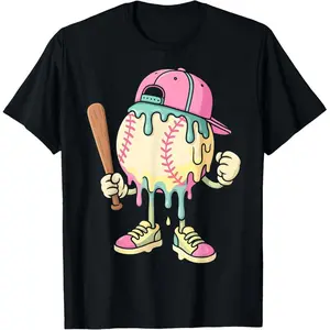 Ice Cream Drip Baseball Spots Baseball Drip  T-Shirt tshirt for men graphic Women's Letters-Printed Casual Black