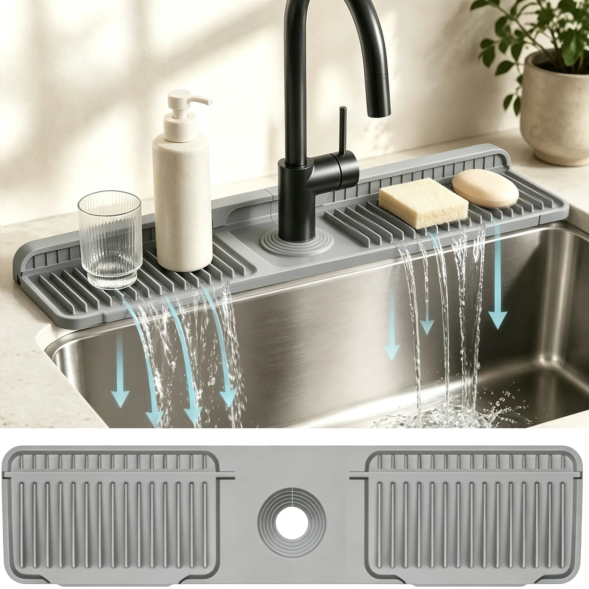 24 Inch Faucet Mat, Kitchen Sink Splash Guard for Behind Faucet, Sink Protector for Kitchen Sink Area, Longer Silicone Faucet Guard & Draining Mat, Grey