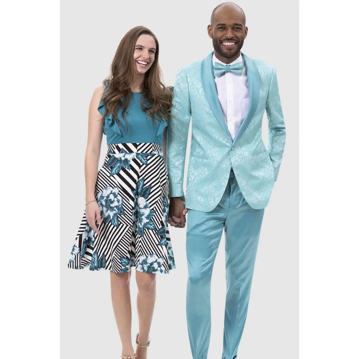 Mens Slim Fit Two Piece Tonal Paisley Floral Pattern Prom Tuxedo in Teal Blue