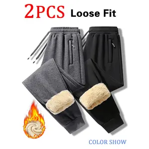 Men's Winter Warm Lamb Wool Casual Pants 2 Pack Loose Fit Home Daily Essentials Fleece Trousers Elastic Waist Hidden Zipper Pockets Drawstring Design Oversized Fit Minimalist Versatile Set