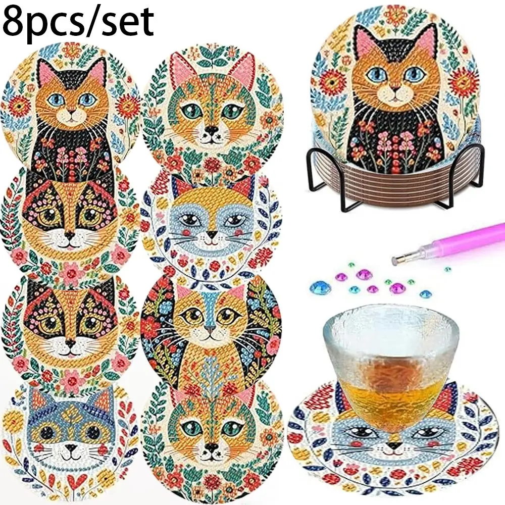 8-Piece Folk Art Cat Diamond Painting Coaster Set, DIY 5D Floral Cat Pattern, Non-Slip Drink Coasters, Home Decor Accessories