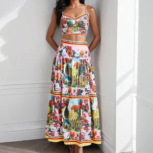 Printed Strapless Top + High-Waisted Skirt Set for Women Two-Piece Outfit Womenswear Clothes Suits Bohemian Boho Fitted Sleeveless 2 piece sets women