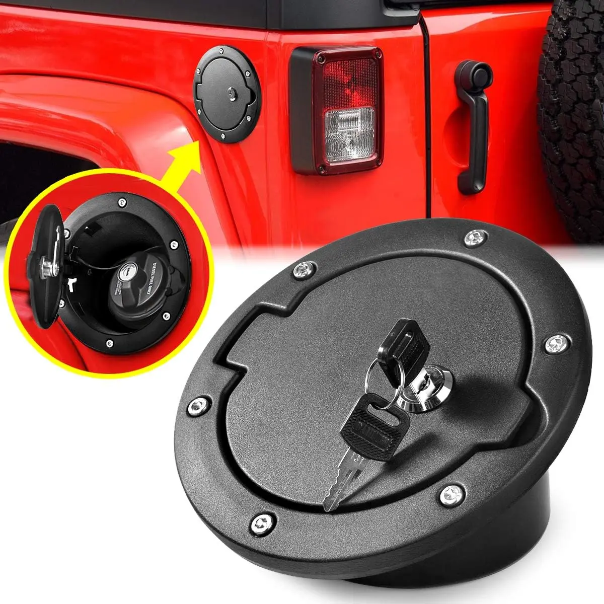 Jeep Wrangler Fuel Filler Door Locking Gas Tank Cap Cover for 2007-2018 JK Unlimited Rubicon Sahara Accessories Aluminum Automotive Truck, Car Accessories