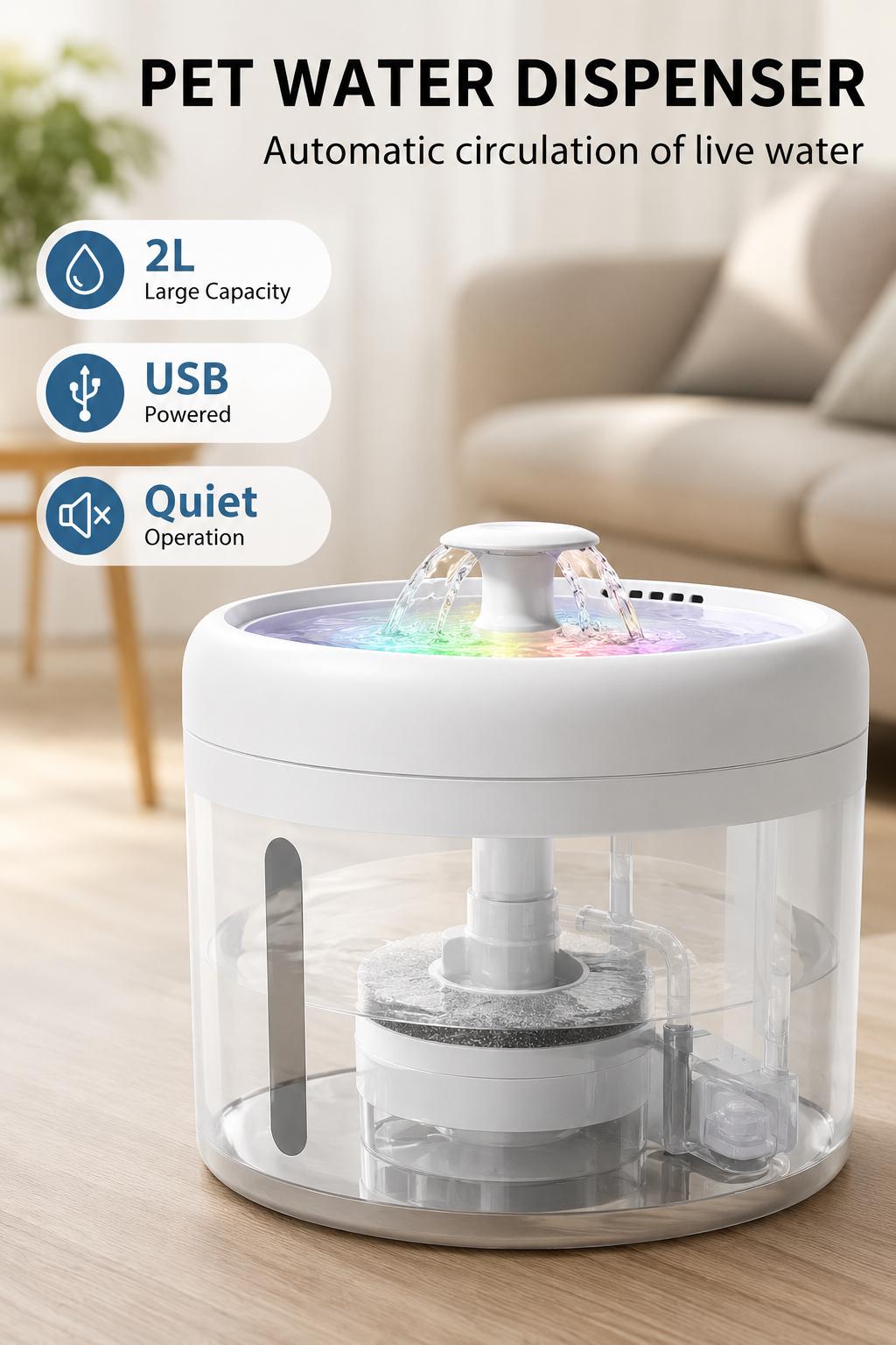 Smart Pet Water Fountain, 2L Circulating Flowing Water Dispenser with 4-Stage RAM Filtration, Silent Pump, Stainless Steel Tray, Spill-Proof Bowl, Hydration Boost Pet Feeding Accessory for Cats & Dogs