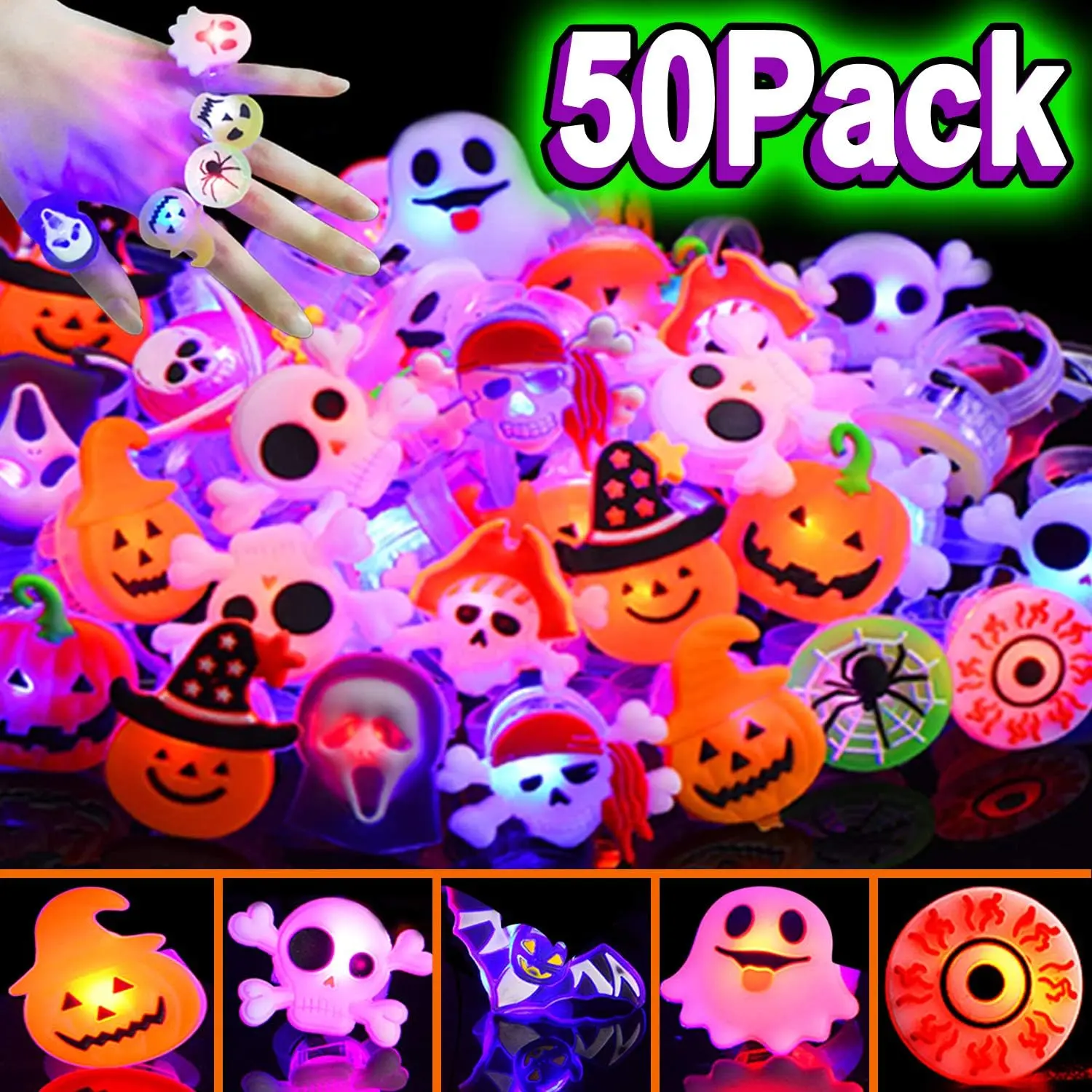 Halloween Light Up Rings 50Pcs Halloween Party Favors for kid Light Up Treat Glowing LED Ring for Kids Adults