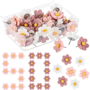 50 Pcs Cute Flower Push Pins Decorative Floret Thumb Tacks for Cork Board Bulletin Board Office Hanging Photo Poster Wall (Pink,White,Small,Flower)