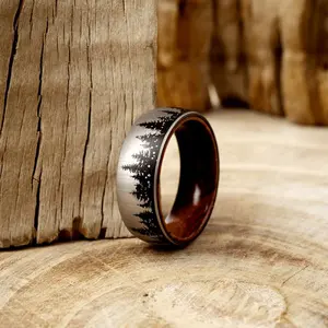 Zirconium Red Wood Ring |The Dasher |GentleBands| Forest Pattern, Satin Finish, 8Mm Width, Comfort Fit | Men'S Wedding Bands