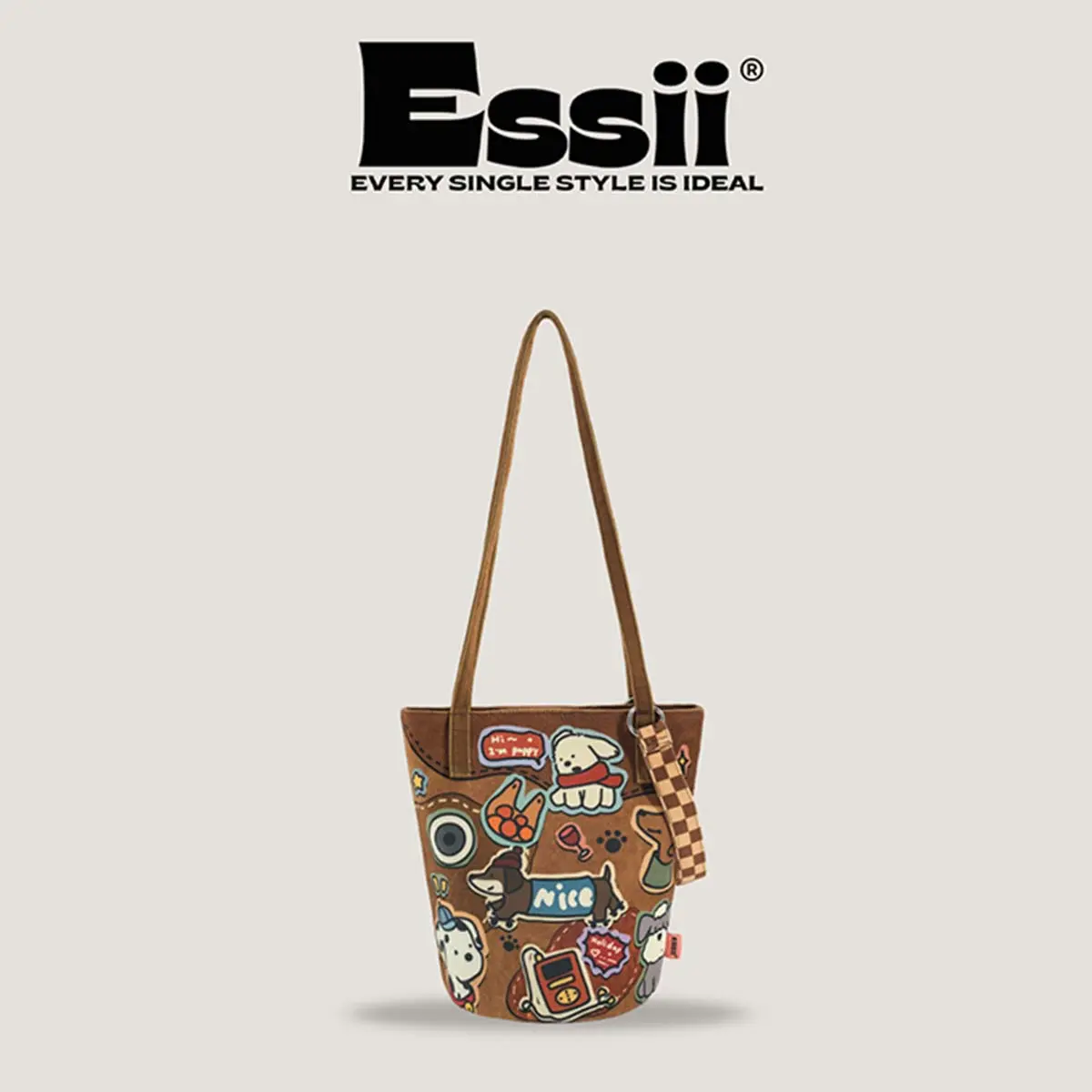 Essii Bucket Bag Sweet Puppy Casual Versatile Tech Fabric Cute Shoulder Bag Crossbody Bag Printed Cloth Washable Fade-Resistant Durable Original High-Quality Daily Use