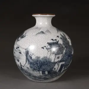 Antique Porcelain Reproduction Qianlong Blue and White Pomegranate Vase Apple Vase with Cracked Glaze and Jiangnan Water Village Pattern - Home Decor Collectible Display Piece